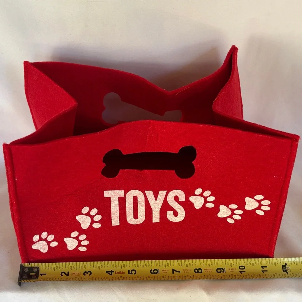 CUTE’ DOG FELT RED STORAGE TOTE WITH COLORFUL CHEW BONE TOYS & TRAINING CLICKS - Picture 5 of 12